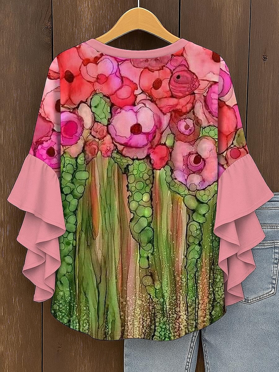 Damen Bluse Blumen Grafik Abstrakt Elegant Täglich Lässig Dreiviertelarm V Ausschnitt Normale Oberteile Täglich Ferien Druck Gelb Rosa Rote Blau Purpur Sommer Frühling Herbst 2025 - $29.99 –P2