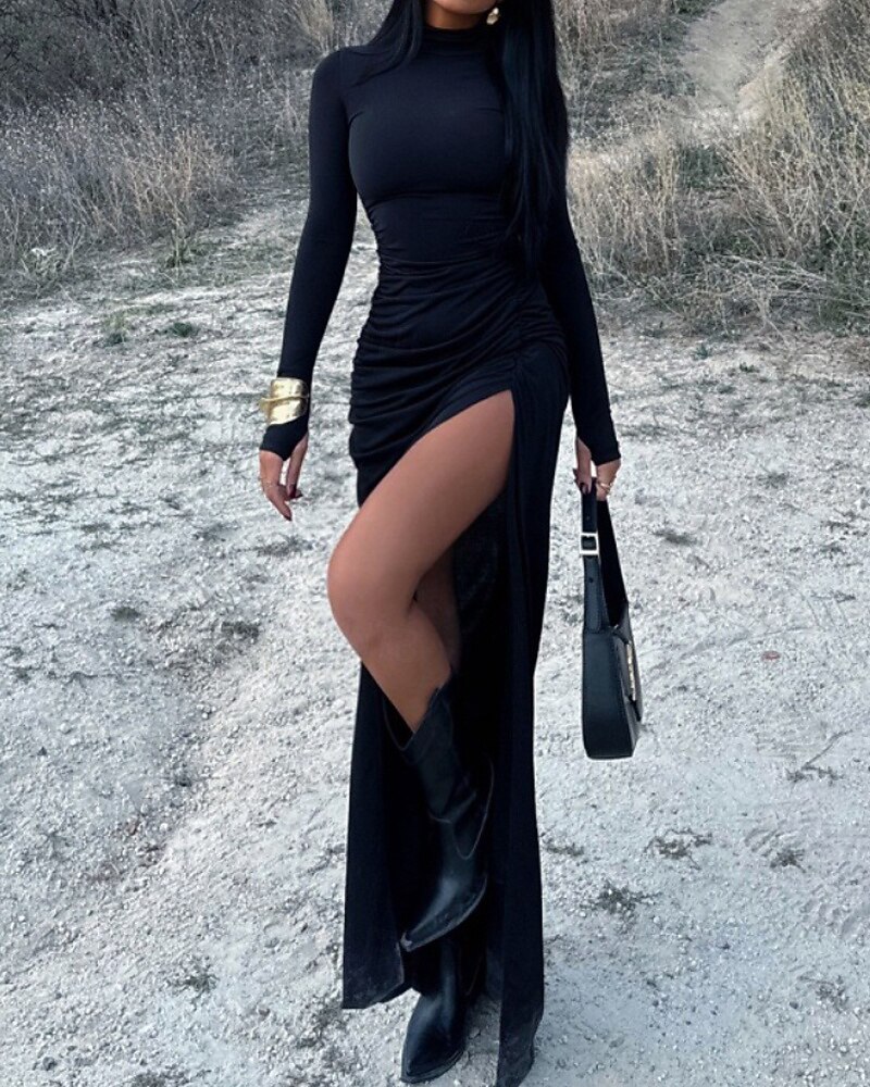 Damen Langes Kleid Maxikleid Samtkleid Cocktailkleid Bodycon Gerafftes Kleid Mode Klassisch Urlaub Täglich Abendgesellschaft Normale Passform Einfach Langarm Rollkragen Schwarz Herbst 2025 - $26.99 –P2