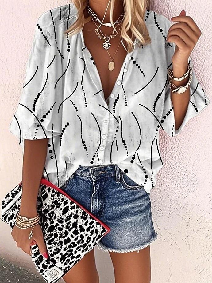 Damen Bluse Grafik Geometrisch Elegant Täglich Stilvoll Dreiviertelarm Hoher Ausschnitt Normale Oberteile Knöpfe Druck Weiß Gelb Rosa Blau Sommer Frühling 2025 - $34.99 –P1