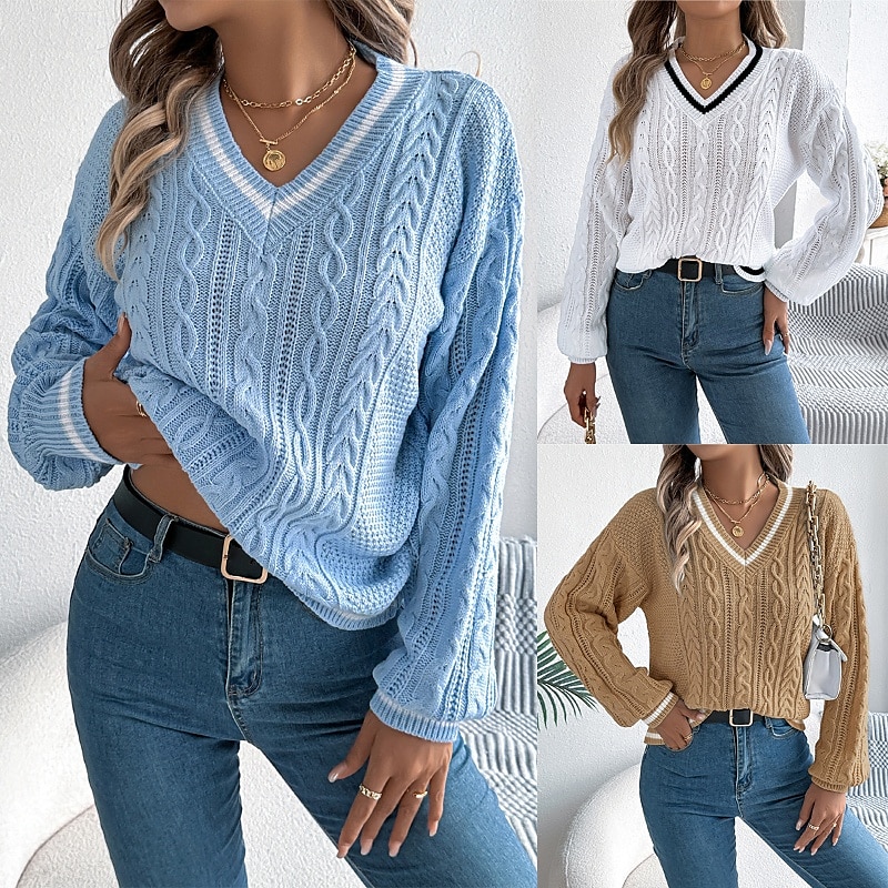 Damen Pullover Lässig Farbblock Gerippt V Ausschnitt Patchwork Gestrickt Langarm Normale Oberteile Stricken Täglich Ferien Ausgehen Weiß Blau Herbst 2025 - $24.99 –P1
