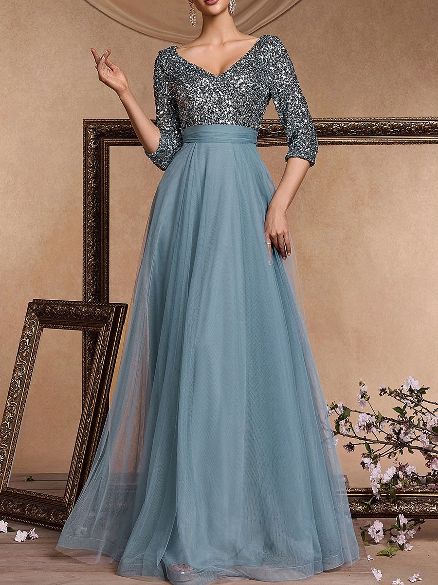 Vestido de Gala em A Vestido Elegante Formal Casamento Comprimento do Chão Manga 3/4 Decote em V Com Lantejoulas com Lantejoulas de 2025 por $119.99 –P2