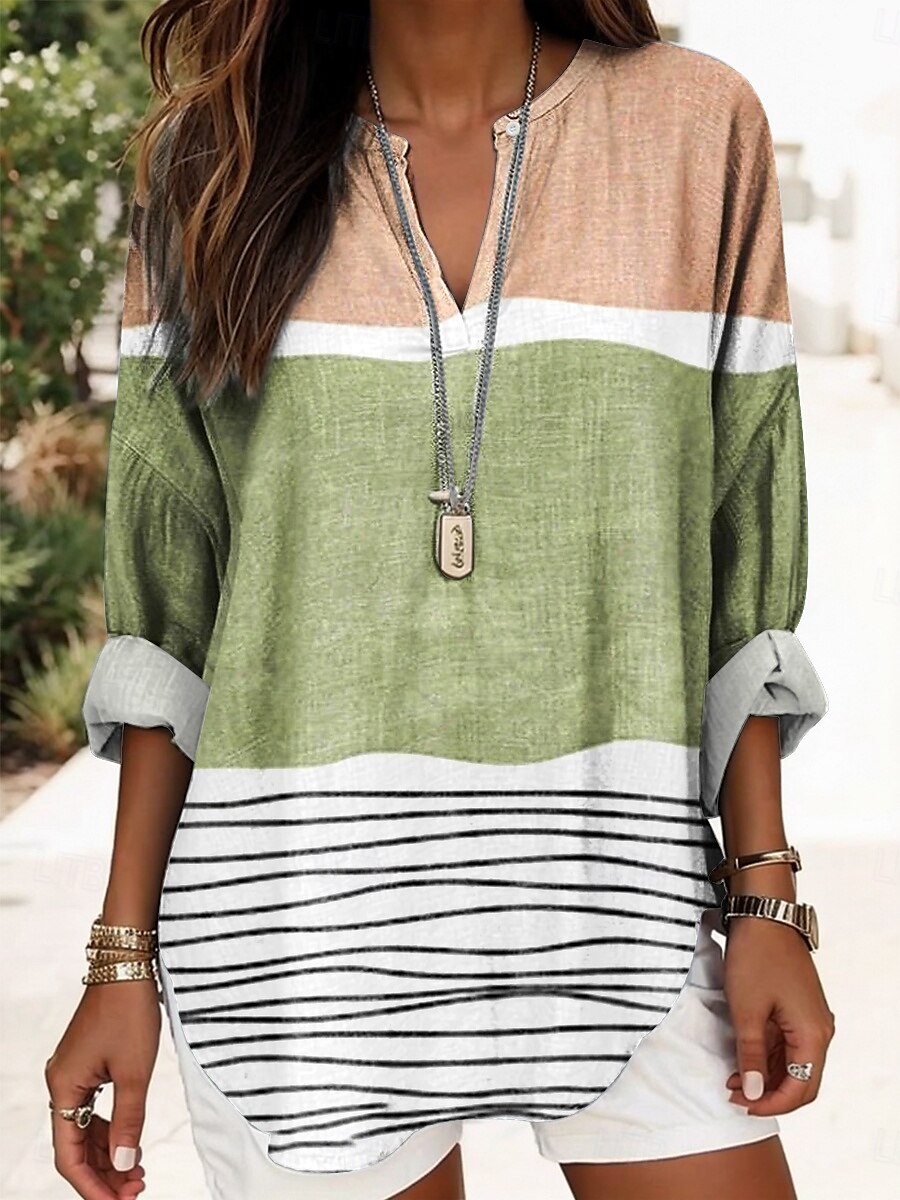 Damen Sommeroberteile Grafik Geometrisch Täglich Lässig Langarm V Ausschnitt Normale Oberteile Täglich Druck Grün Khaki Sommer Frühling 2025 - $24.99 –P2