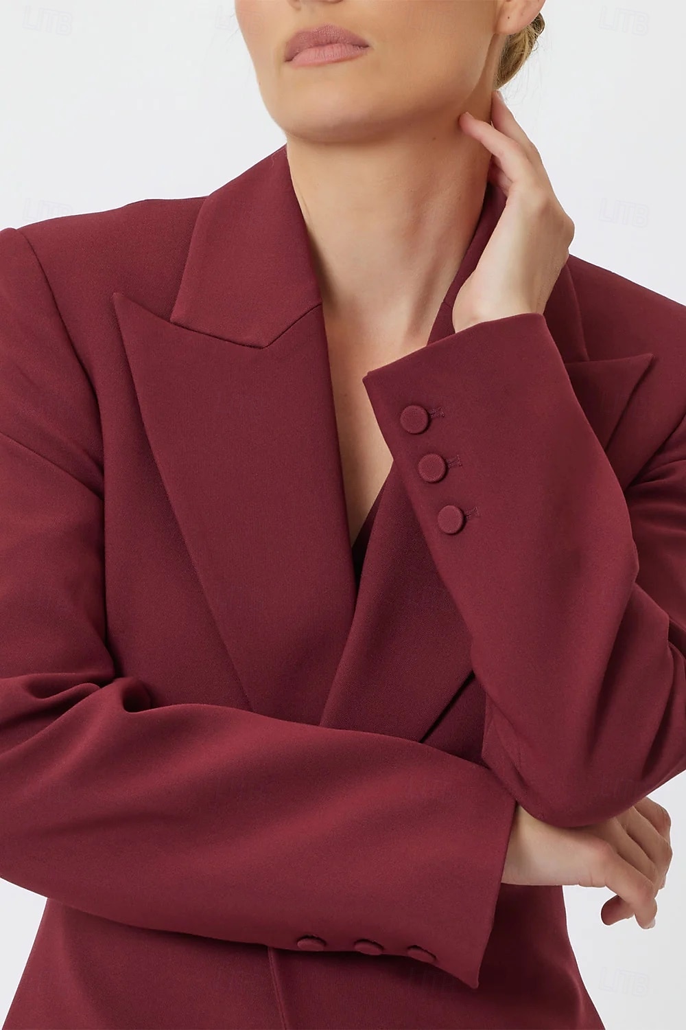 Burghundy Zweiteiliges Hosenanzug Brautmutterkleid Elegant Minimalistisch Lässig Revers Bodenlang Langarm mit Knöpfen 2025 - $159.99 –P2