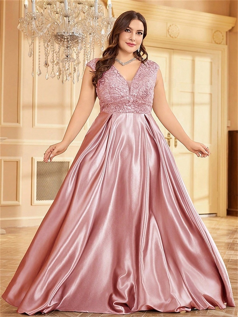 Robe A-Line Grande Taille Élégante Robe Courbe De Mariage Formelle Longue Au Sol Manches Courtes Col en V Satin Dos Nu Avec Plis 2025 de 2025 ? $119.99 –P14