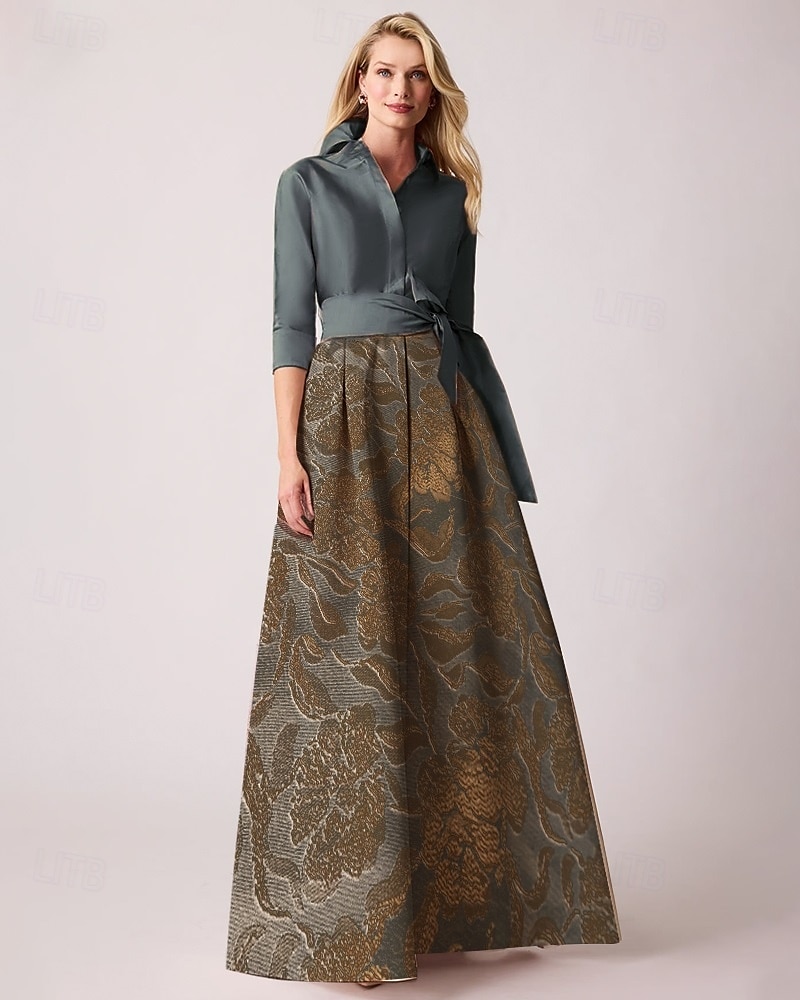 Jacquard Brocade Floral A-Line Cocktail Dresses Elegant Dress Formal Wedding Floor Length Long Sleeve Shirt Collar Detachable Nylon 2025 - $149.99 –P5