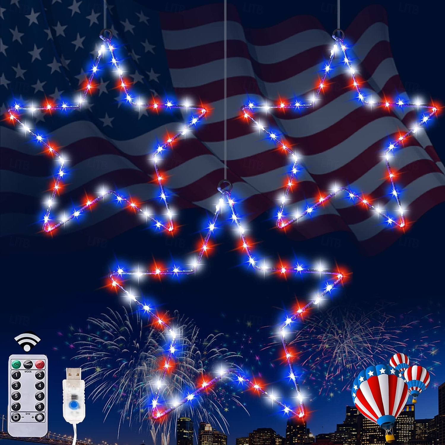 1 stk patriotiske hengende lys smijern rød hvit blå femtakket stjerne 4. juli uavhengighetsdag 250-årsjubileum minnedag gårdsplass balkong veranda fest 2026 - $12.99 –P1