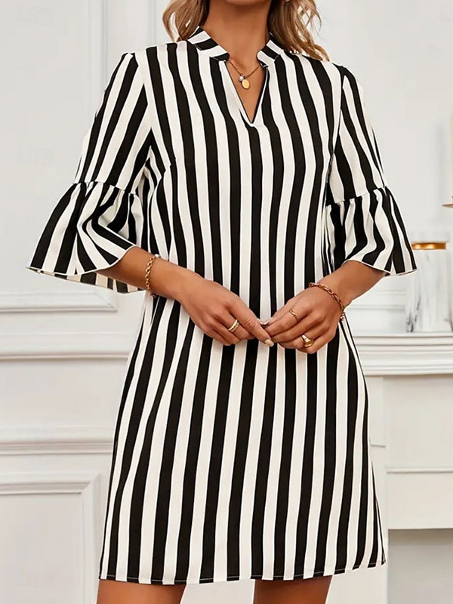 Pentru femei Rochie Mini Rochie A line Rochie de vară Casual Zilnic Fit regulat Dungi Lungime Manșon 3/4 Gât crestat Negru Vară 2025 - $18.99 –P5