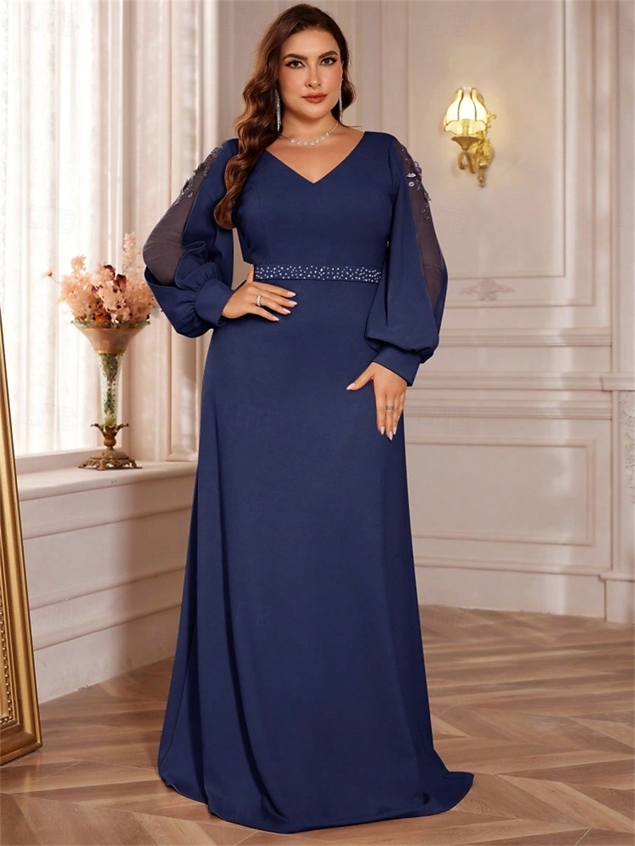 A-vonalú Plus Size Ruhák Elegáns Görbületű Ruha Formális Esküvő Padló Hosszú Hosszú Ujjú V Nyakú Chiffon Gyöngyökkel 2025 - $109.99 –P21