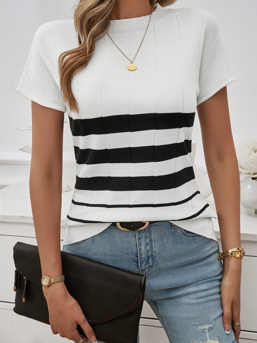 Dame Bluse Stripet Stilfull Fritid Kortermet Crew-hals Vanlige topper Daglig Lapper Svart Hvit Brun Kakifarget Sommer 2025 - $28.99 –P8