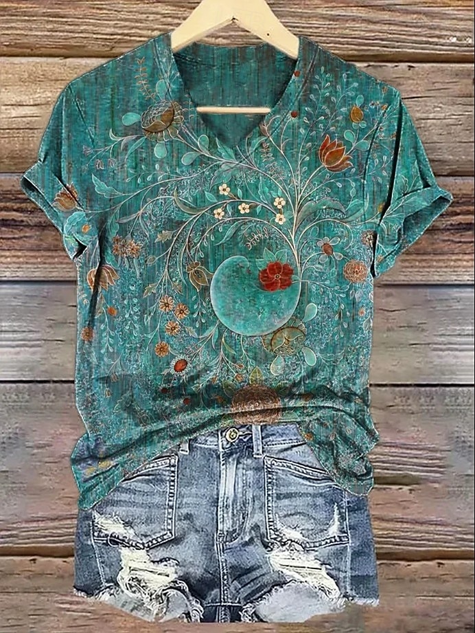 Femmes T-shirt Fleuri Graphique Plantes Bohème ancien Élégant Manche Courte Col en V Hauts Réguliers Quotidien Sortir Week-end Imprimé Vert foncé Vert Gris Été Printemps de 2025 ? $19.99 –P3