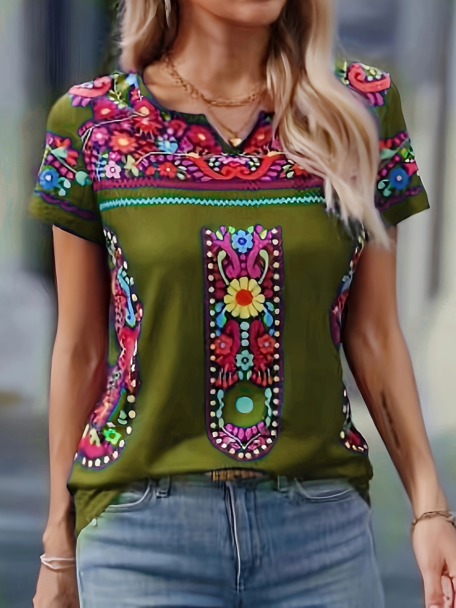 Femmes T-shirt Fleuri Graphique ancien Élégant Classique Manche Courte Encolure en V Hauts Réguliers Quotidien Week-end Imprimé Noir bleu marine Vert Été Printemps de 2025 ? $27.99 –P5