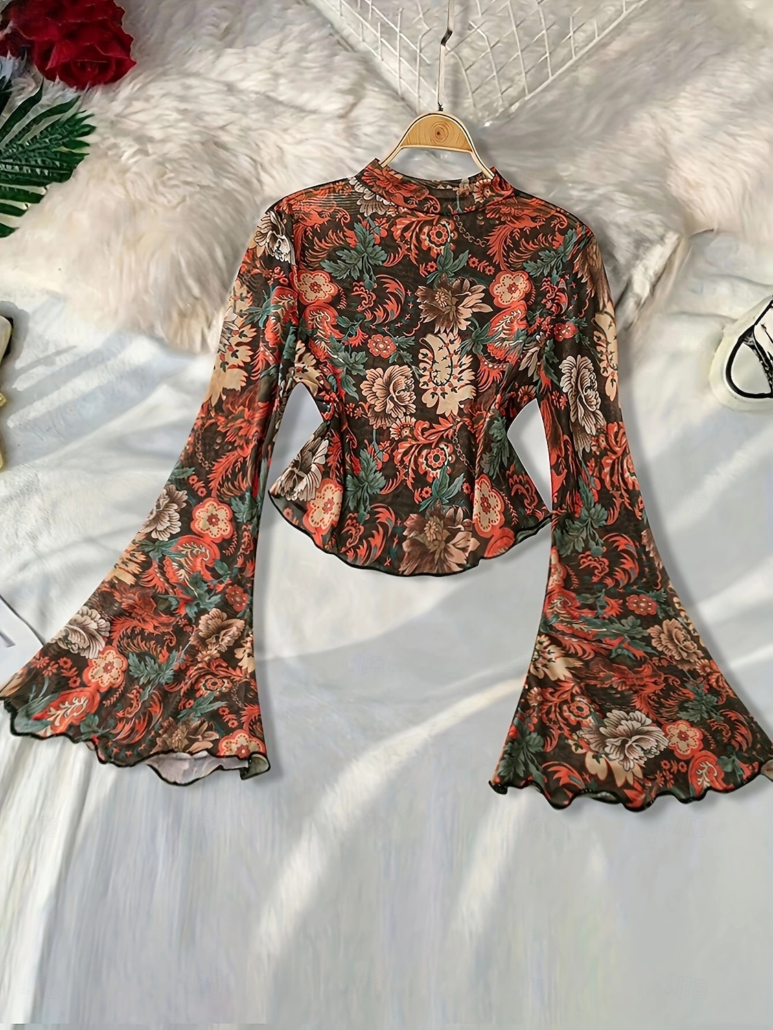 Retro Vintage 1970er Groovy Bauchfreies Top Glockenärmel Disco Netz Blumen Damen Halloween Karneval Musikfestival Retro-Mottoparty Erwachsene Oberteil 2025 - $22.99 –P1