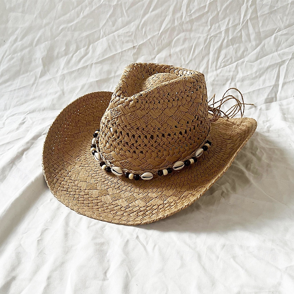 cappello di paglia a conchiglia, cappello da sole per le vacanze al mare, cappello da cowboy con tesa arrotolata del 2026 a $31.99 –P1