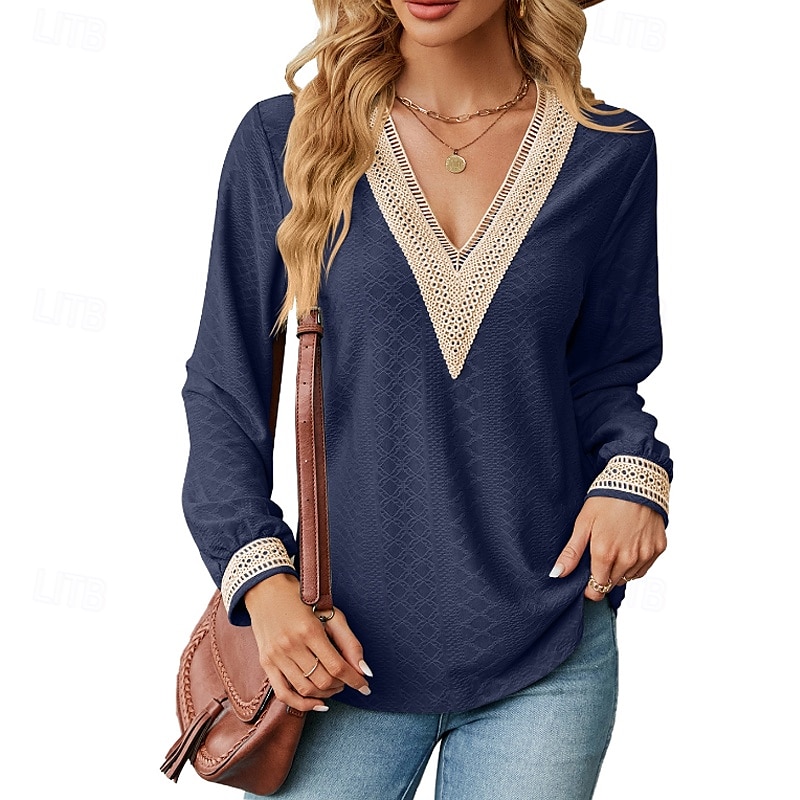 Damen Bluse Farbblock Modern Lässig Langarm V Ausschnitt Normale Oberteile Täglich Ferien Patchwork Gras-Grün Erröten Sie Rosa Schwarz Rosa Wein Sommer 2025 - $21.99 –P4