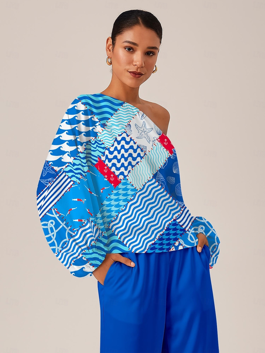 Dames Vrouw Normaal shirt Oceaan Casual Koude schouder Marineblauw Lange mouw Elegant Vakantie Hedendaagse koude schouder Zomer 2025 - $52.99 –P1