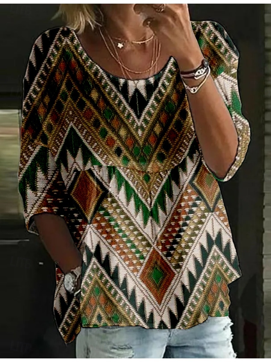 Damen Bluse Druck Geometrisch Farbblock Ethnisch Retro Vintage Dreiviertelarm Rundhalsausschnitt Normale Oberteile Täglich Ferien Wein Grün Sommer 2026 - $27.99 –P3
