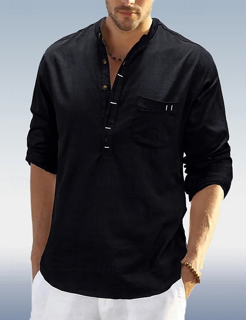 Per uomo Camicia Camicia di lino Camicia con colletto alla coreana Camicia popover Camicia Estiva Abbigliamento da spiaggia Semplice Vacanza Quotidiano Nero Bianco Blu marino Verde Manica Lunga Henley del 2025 a $22.99 –P2