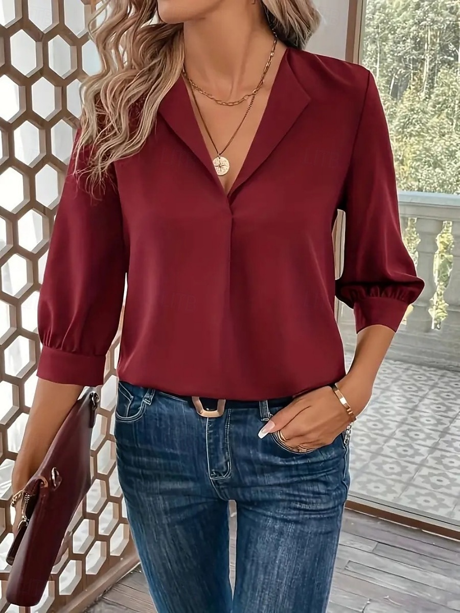 Mujer Blusa Color sólido Elegante Básico Casual Manga 3/4 Cuello Camisero Tops regulares Oficina Trabajo Negro Vino Verde Trébol Verano Primavera Otoño 2026 - $25.99 –P12