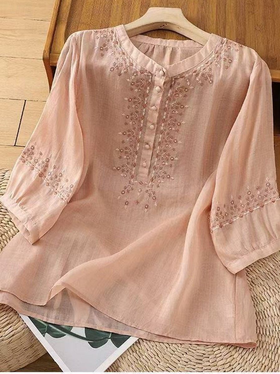 Dame Skjorter i bomullslin Helfarge Grunnleggende Fritid 3/4 ermer Crew-hals Vanlige topper Daglig Broderi Knapper Rosa Blå Aprikos Sommer 2025 - $17.99 –P6