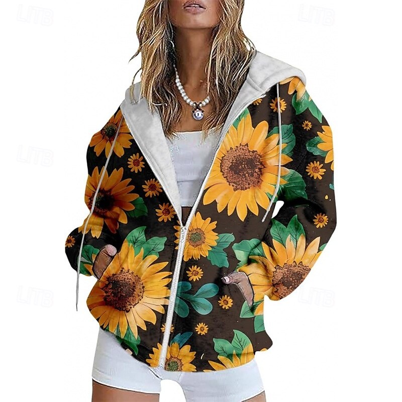 Women's Casual Jacket Comfortable Pocket Print Sports Fashion Outdoor Flower Casual Daily Weekend Zipper Regular Hooded Regular Fit Long Sleeve Outerwear Black Light Purple Purple Spring Fall 2025 - $23.99 –P1