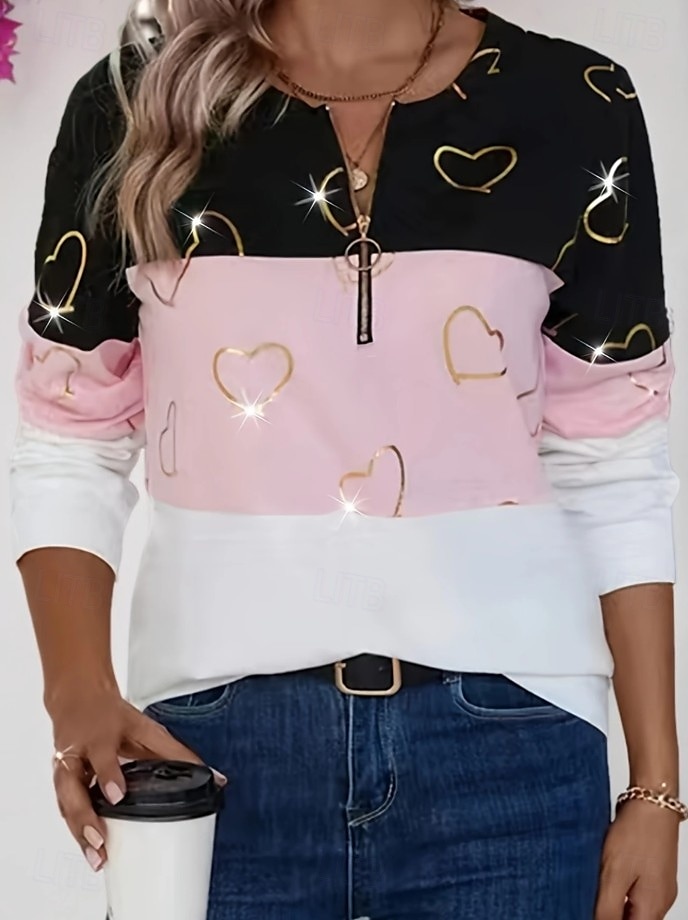 Pull à zip quart pour femme à rayures géométriques en forme de cœur décontracté manches longues col rond hauts réguliers mode de rue vêtements quotidiens imprimé décontracté rose automne hiver de 2025 ? $27.99 –P1