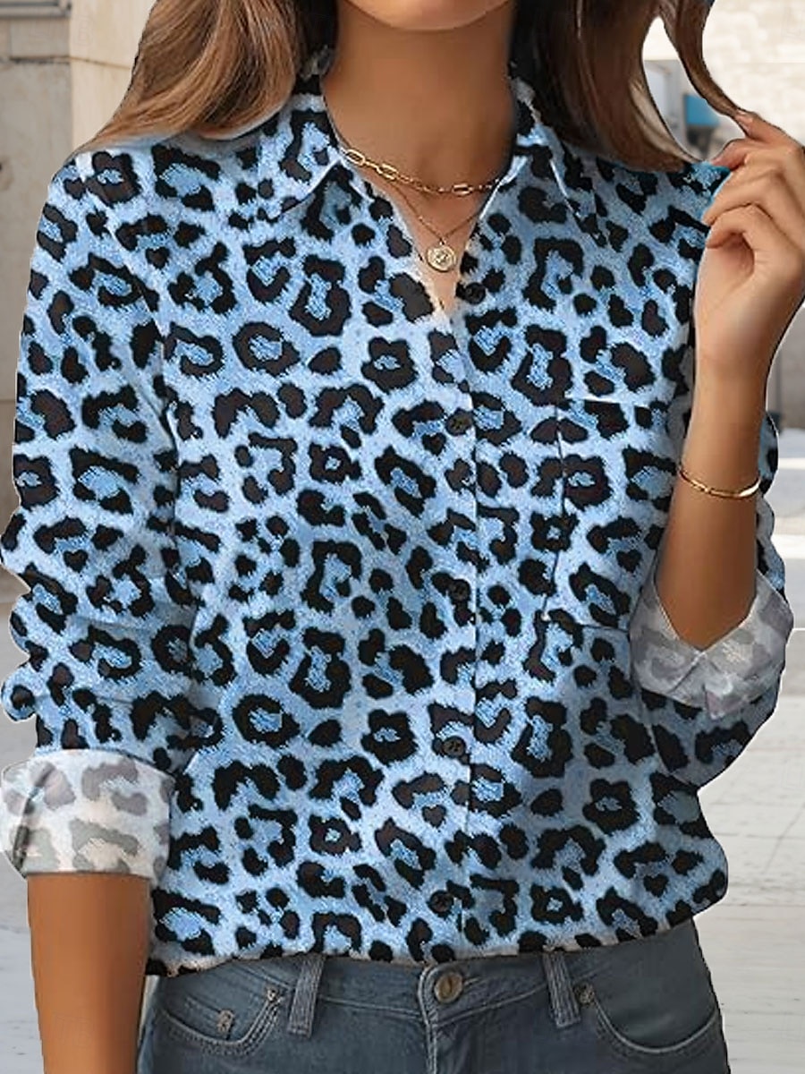 Dame Skjorte Grafisk Leopard Årgang Stilfull Fritid Langermet Skjortekrage Vanlige topper Arbeid Daglig Ferie Knapper Lomme Trykt mønster Blå Lilla Brun Grønn Vår Høst 2025 - $32.99 –P4