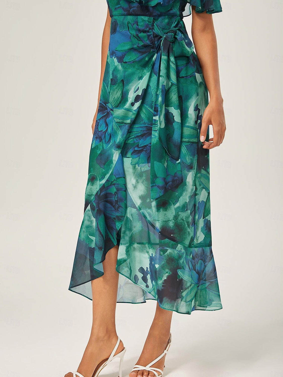robe midi nouée sur le devant à volants en mousseline de 2025 ? $82.99 –P6