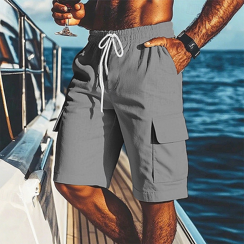 Men's Shorts Linen Shorts Summer Shorts Beach Shorts Elastic Waist Drawstring Multiple Pockets Plain Comfort Breathable Short Vacation Holiday Beach Hawaiian Boho Black White 2025 - $18.99 –P8