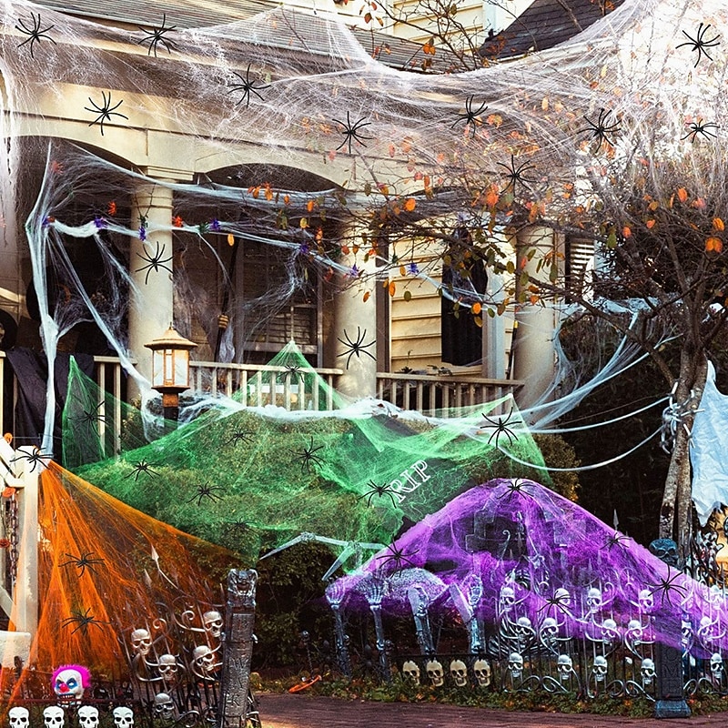 Halloween Spider Webs 1200 Sqft with 30 Fake Spiders Colorful Halloween Party Indoor and Outdoor Decorations Colored Stretch Cobwebs for Halloween Party Decorations Bar House 2026 - $11.49 –P13