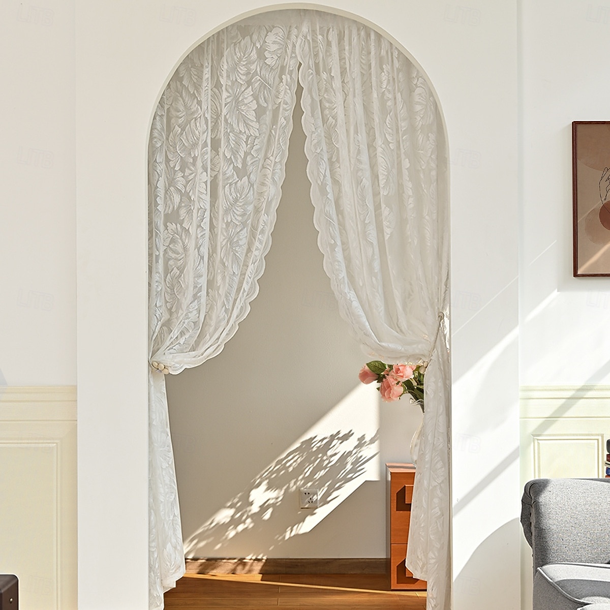 Fransk spetsgardiner lantgårdscalloped trim semi-transparent gardiner broderade fönstergardiner med krok vintage fönsterdraperier för vardagsrum sovrum 2025 - $13.99 –P5