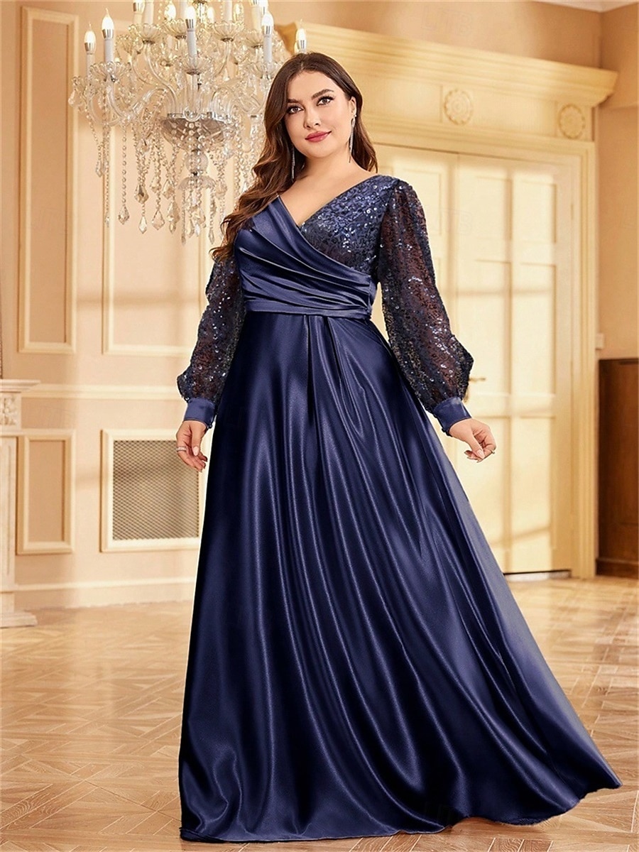 Robe A-Line Grande Taille Élégante Robe Courbe De Mariage Formelle Longue Au Sol Manches Longues Col en V En Polyester Avec Plis 2025 de 2025 ? $119.99 –P11