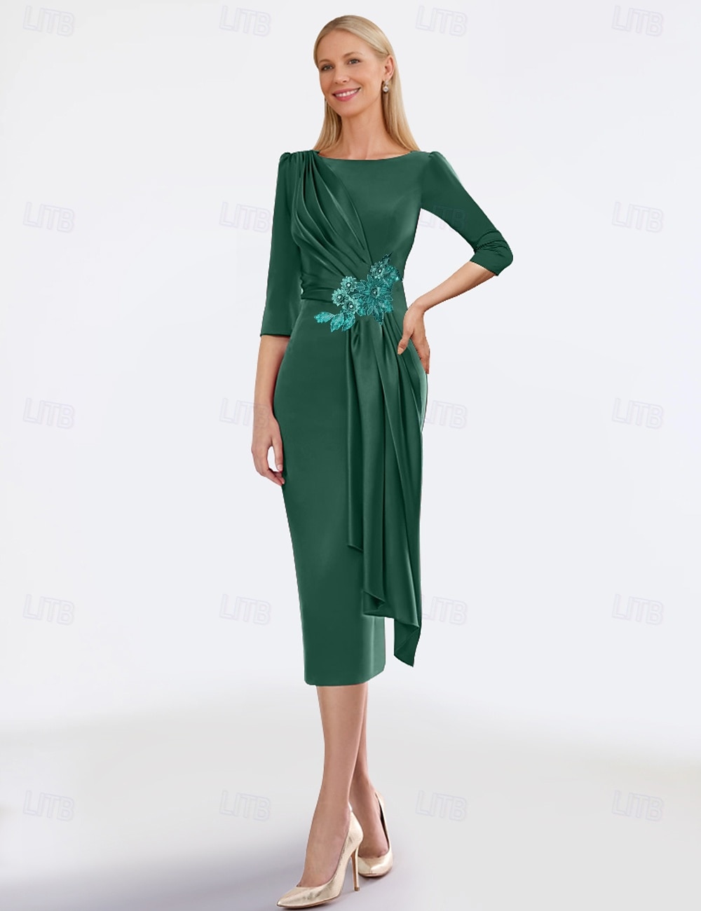 Sheath-Kleid Mutter der Braut Kleid Elegantes Juwelenausschnitt Tee-Länge Satin Halbe Ärmel mit Falten einfarbig kostenlose Anpassung 2025 - $148.99 –P3