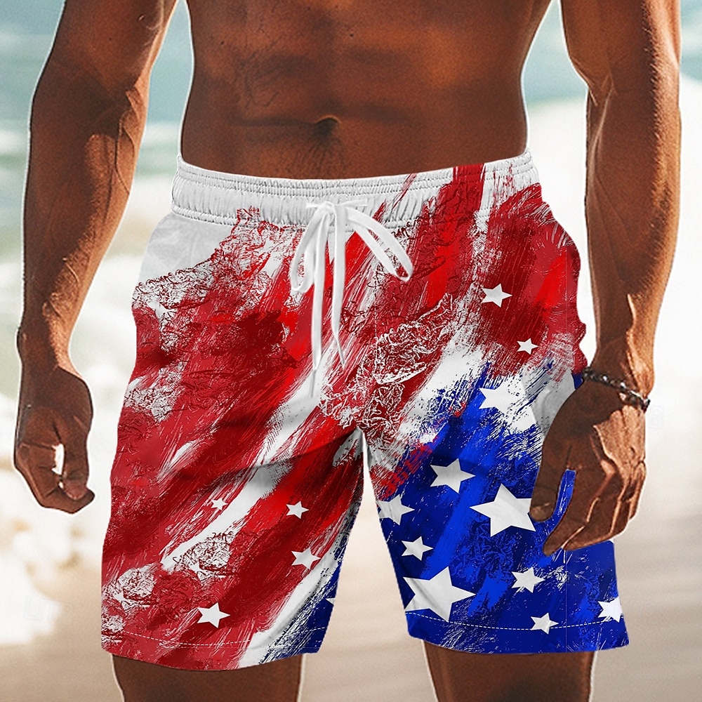 Pantaloni scurți de baie pentru bărbați cu steagul SUA patriotic de Ziua Independenței de 4 iulie pantaloni scurți cu talie medie sărbătoare hawaiană cu buzunare laterale căptușeală din plasă talie 2026 - $20.99 –P1
