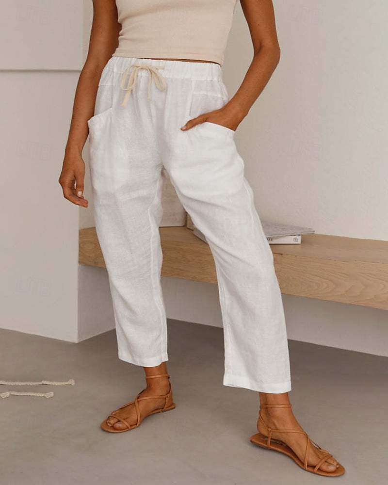 Women's Cotton Linen Pants Slacks Streetwear Casual Full Length Natural Plain Pocket Elastic Drawstring Design Comfy Outdoor Comfortable Holiday Daily Wear Going out Rust Light Sky Blue Grey Black 2025 - $27.99 –P1