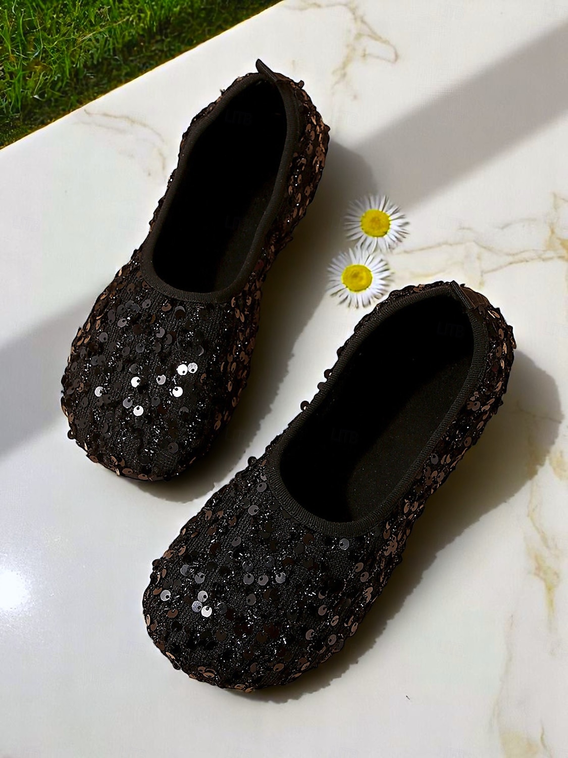 női csillámos flitteres, széles orrú balerinacipők, puha, bebújós mezítlábas cipők estélyekre, esküvőkre és elegáns kerti összejövetelekre 2025 - $24.99 –P1