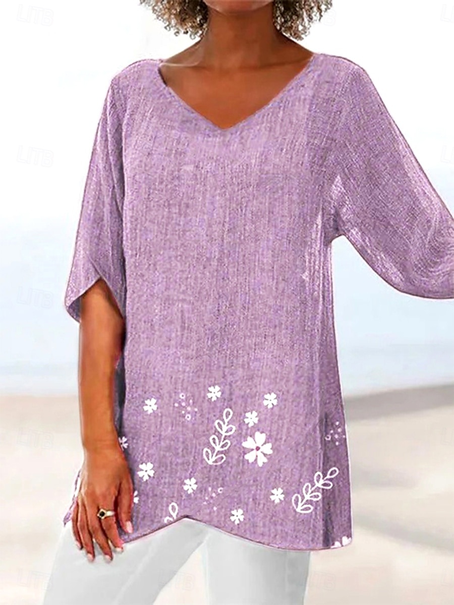 Damebluse Langermet Asymmetrisk Hem Floral Grafisk Blad Hawaii Stilfull Casual 3/4 Lengde Ermer V Hals Vanlige Topper Daglig Ferie Utendørs Trykk Asymmetrisk Hem Gul Lys Lilla Fuksia 2025 - $25.99 –P2