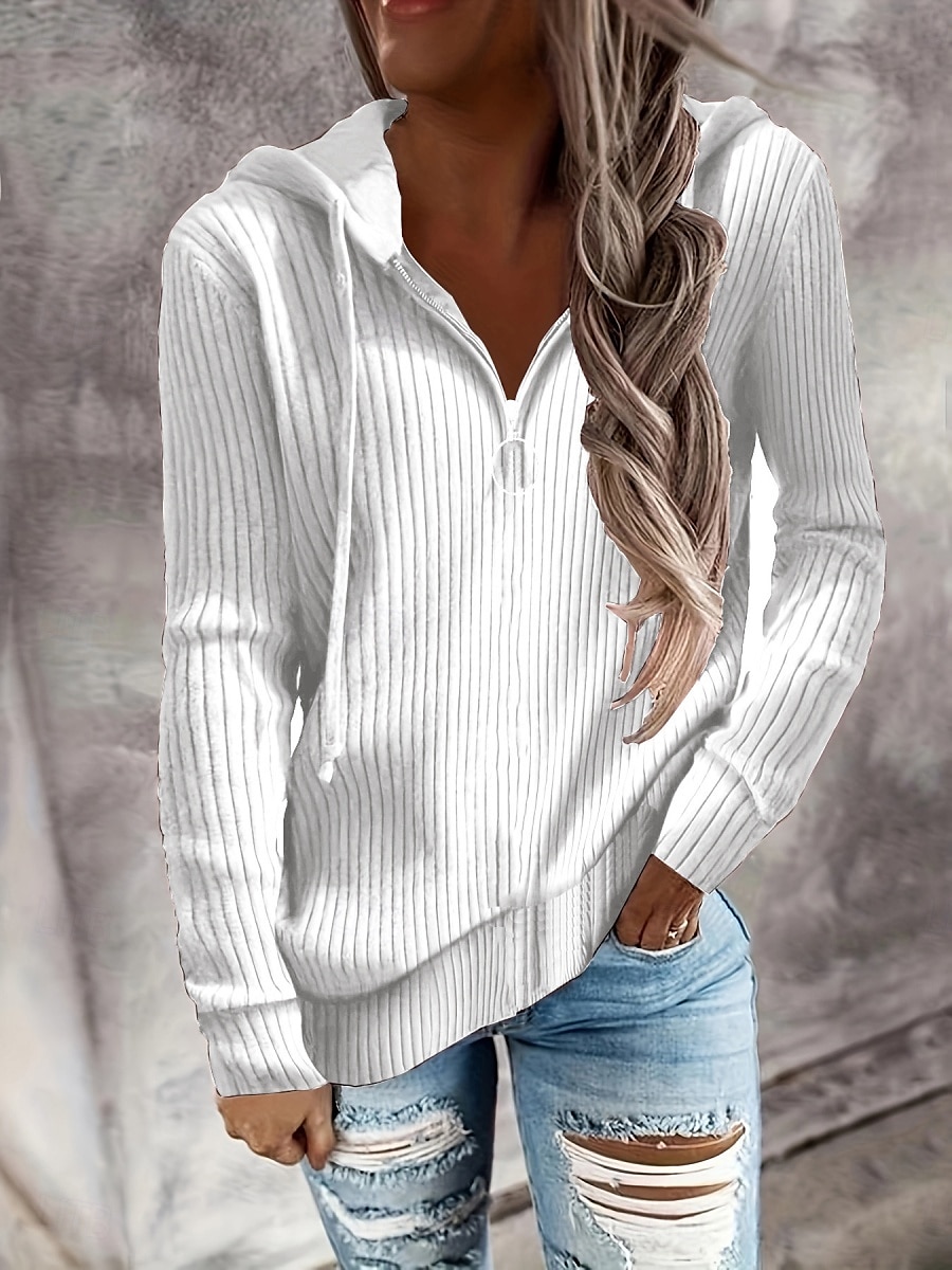 Pentru femei Pulover Casual Moale Culoare pură Striat Capișon Tricotat Manșon Lung Topuri obișnuite Tricotat În aer liber Zilnic Sfârșit de săptămână Negru Alb Toamnă Iarnă 2025 - $23.99 –P1