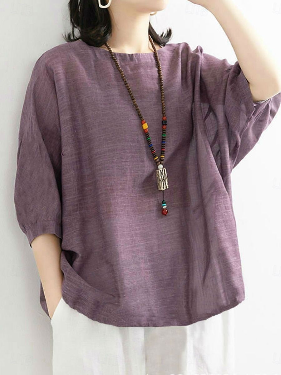 Femmes Chemise Couleur Unie Élégant Occasionnel Manche 3/4 Col ras du cou Hauts Réguliers Quotidien Rose Claire Bleu Violet Vert Été Printemps de 2025 ? $3.99 –P7