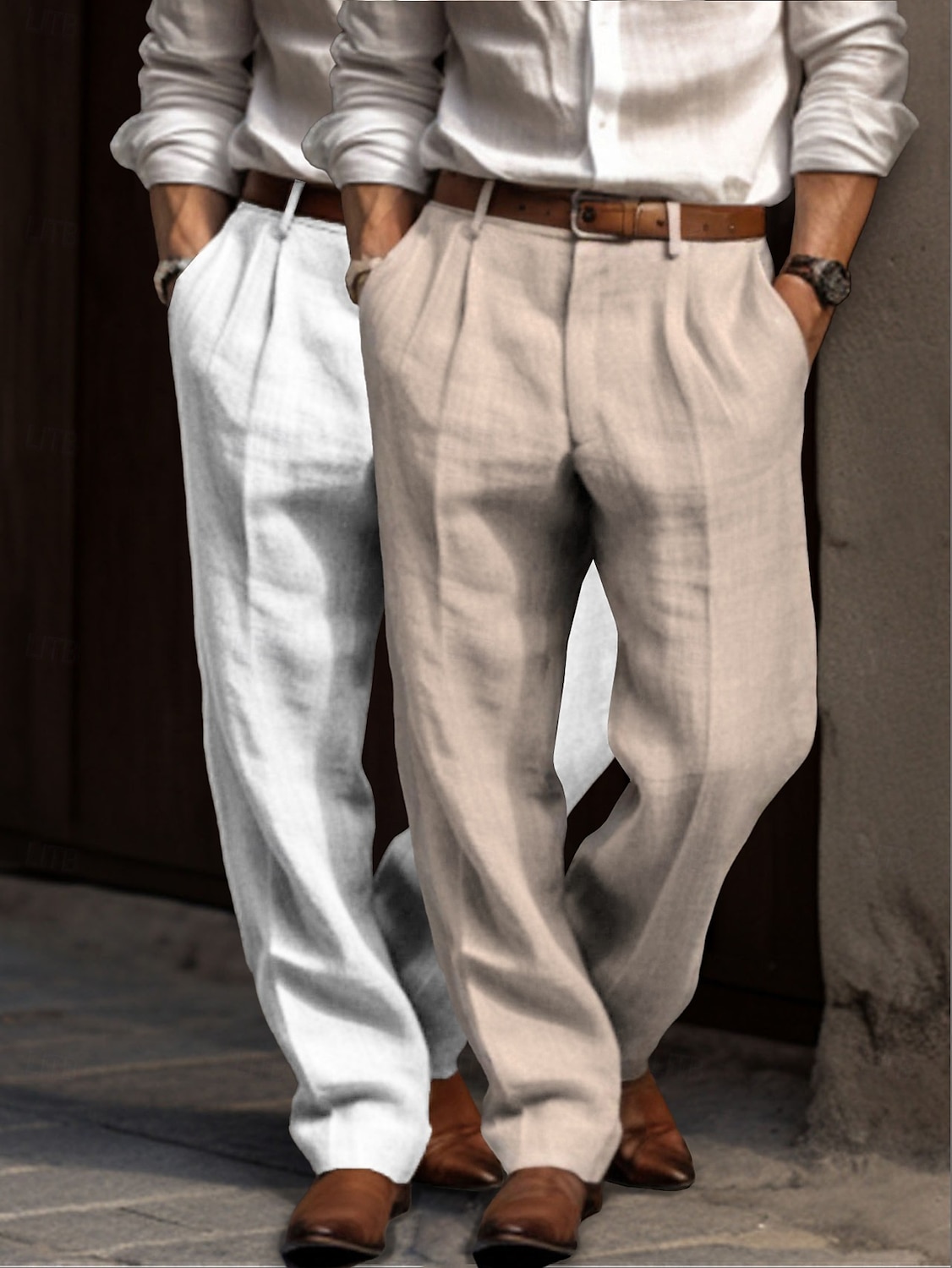 Herren Anzughose Leinenhosen Hose Sommerhose Faltenhose Fronttasche Gerader Schnitt Einfach Komfort Atmungsaktiv Volle Länge Outdoor Lässig Täglich Urlaub Mode Grün + grau Schwarz+Grau 2025 - $23.99 –P2