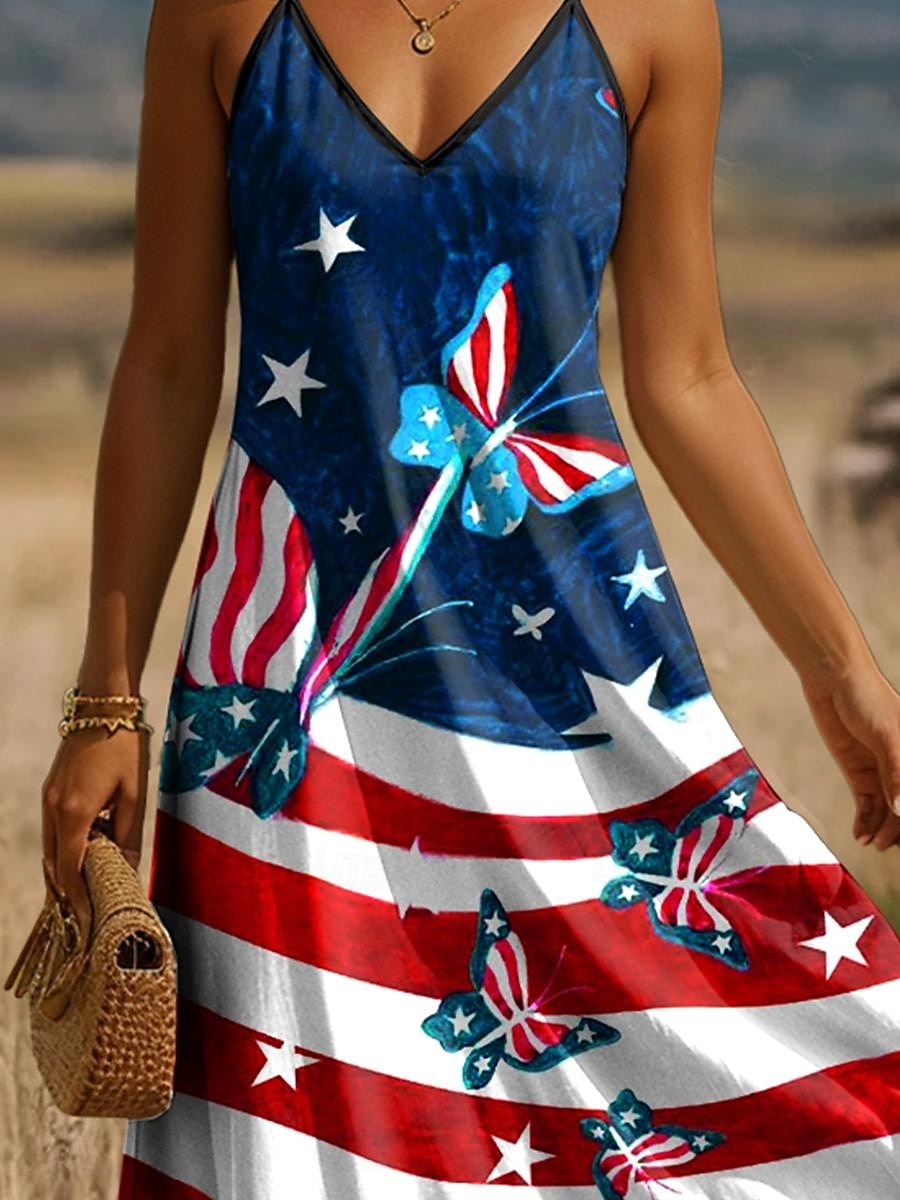 Women's Patriotic Maxi Dress A Line Dress Slip Dress Vacation Casual Daily Holiday Regular Fit Graphic American Flag Sleeveless V Neck Spaghetti Strap 2025 - $27.99 –P3