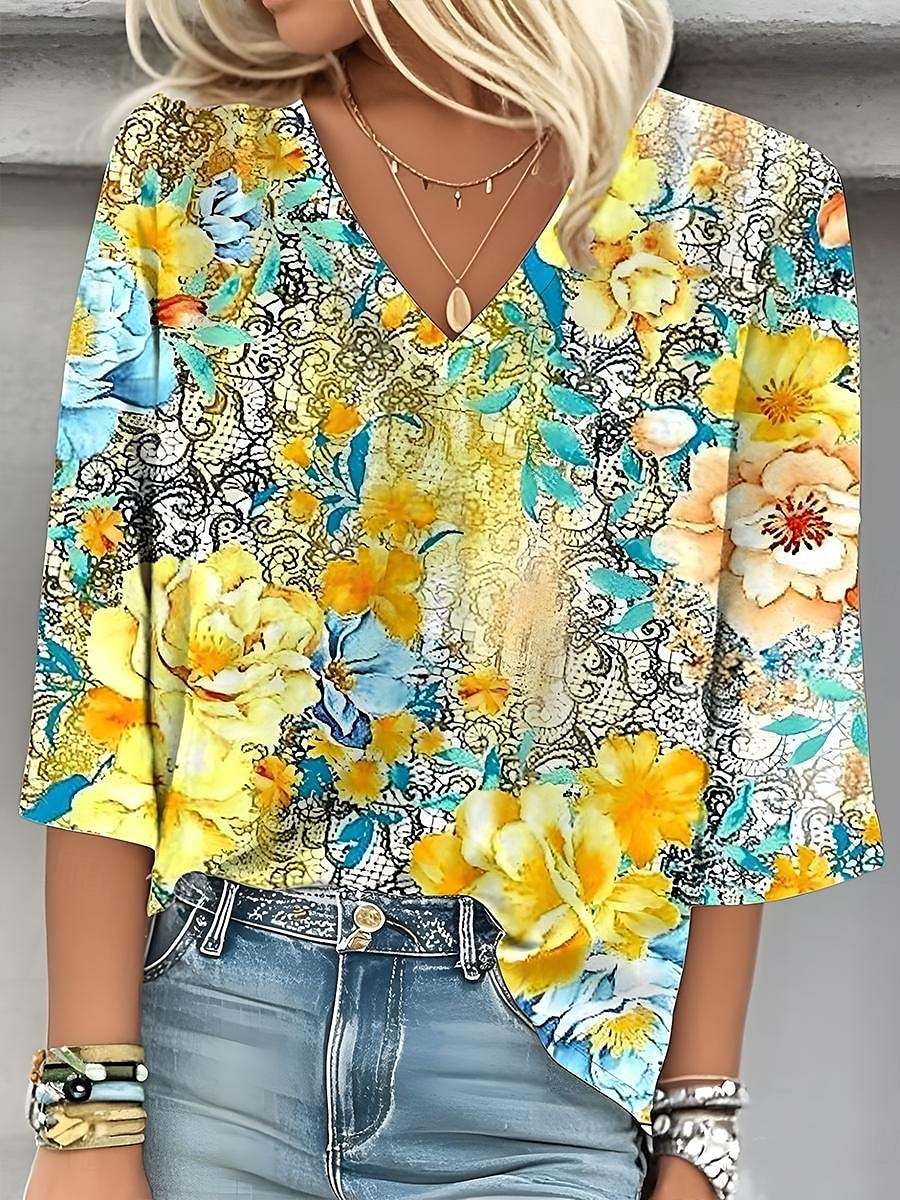 Dam Blus Grafisk Geometrisk Elegant Stylish Ledigt 3/4 ärm V-hals Vanliga toppar Dagligen Helgdag Utekväll Mönster Gul Blå Sommar Vår 2025 - $25.99 –P2