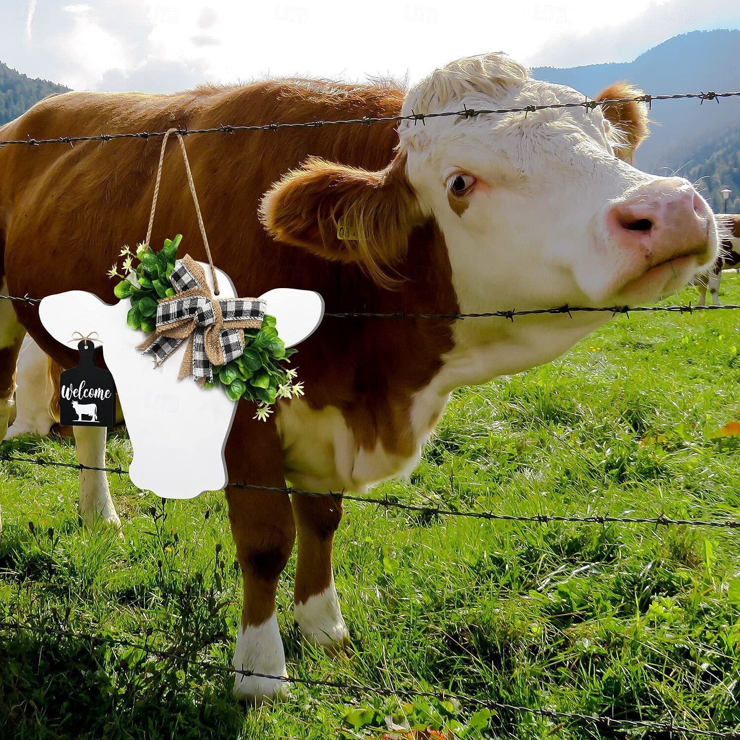 guirlanda de porta com cabeça de vaca e laço xadrez de búfalo, guirlanda de porta de entrada com flores artificiais e placa de bezerro de madeira, decoração de parede rústica de 2025 por $23.99 –P5