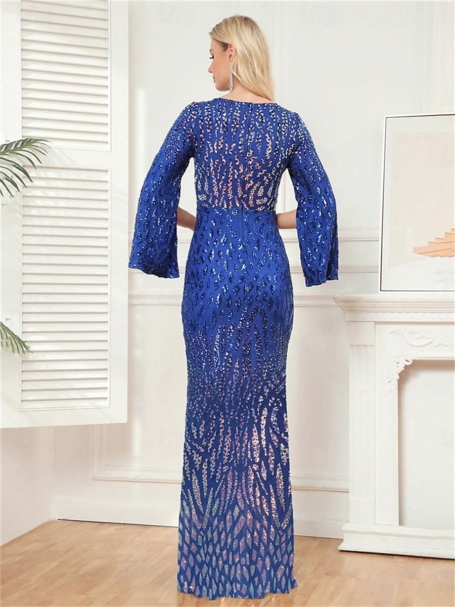 Meerjungfrau Trompete Quinceanera Kleider Elegantes Kleid Formelles Hochzeitskleid Bodenlänge Langarm V-Ausschnitt Polyester mit Pailletten 2025 - $99.99 –P7