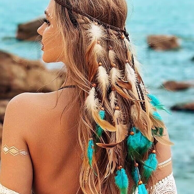 Cerchietto con piume boho, copricapo hippie, copricapo zingaro, costume indiano, accessori per capelli bohémien per donne e ragazze, blu e rosso. del 2025 a $10.99 –P3