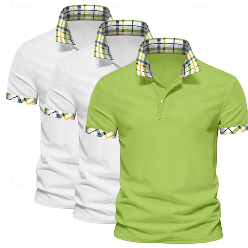 Camisa polo masculina de 3 peças, cor sólida, xadrez, bloco de cores, camisa de golfe, manga curta, lapela, casual, esportiva e ao ar livre, botões, verão, primavera e outono, verde, azul de 2025 por $45.99 –P9