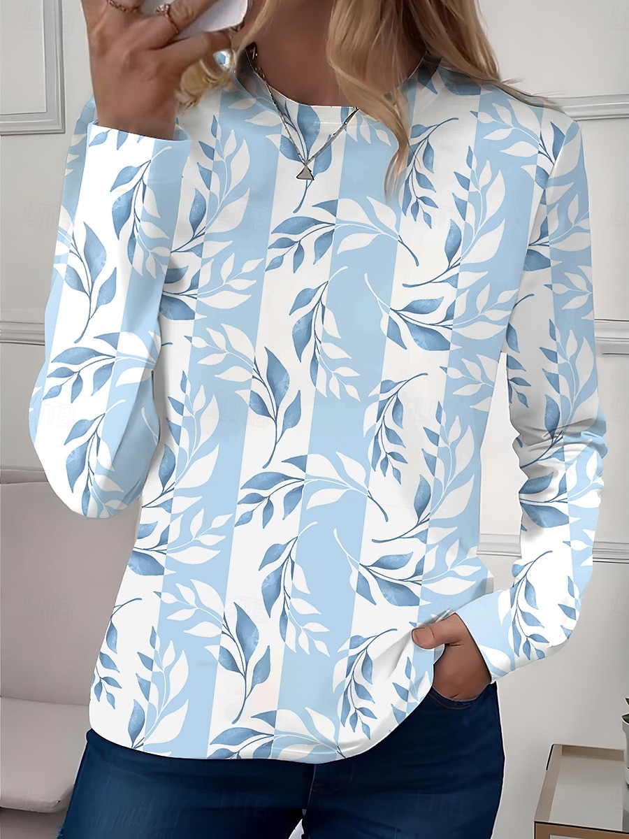 Mujer Camiseta Floral Casual Manga Larga Cuello Barco Tops regulares Diario Estampado Verde salvia Rosa Azul Piscina Azul cielo Morado Primavera Otoño 2025 - $23.99 –P5