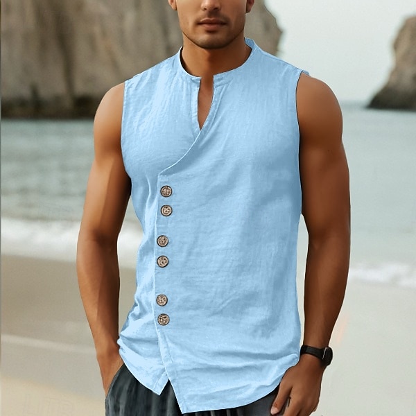 Hombre Camisa Camisa de lino Camisa de verano Camisa de playa camisa de la vendimia Camisa sin mangas Plano Vacaciones Festivos Negro Blanco Azul Piscina Caqui Sin Mangas Collar mandarín Verano 2026 - $20.99 –P8