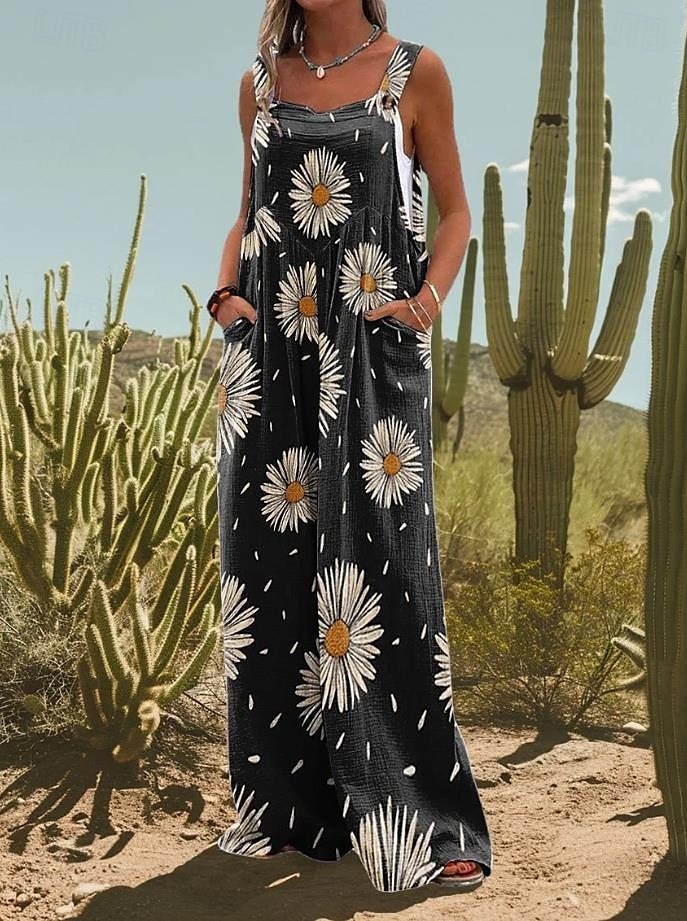 Mujer Conjuntos inspirados en el lino Activo Floral Sin Mangas Perneras anchas Vacaciones Hogar Holgado Negro Blanco Amarillo Verano 2025 - $39.99 –P4