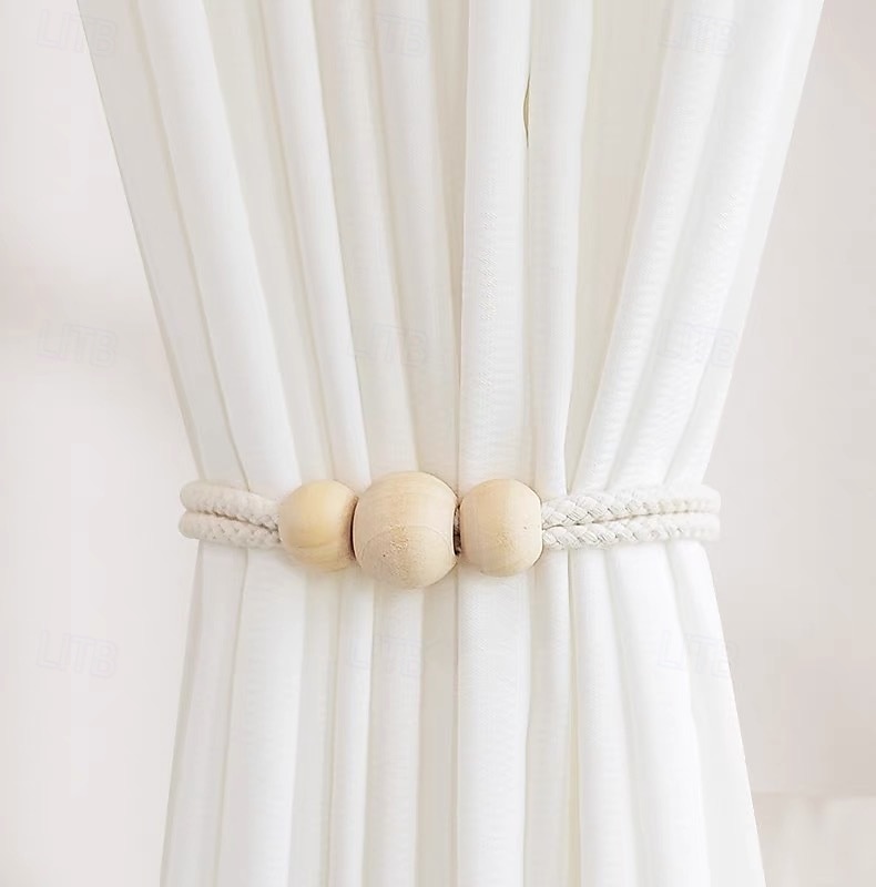 Attaches de rideaux en bois boho avec perles en bois supports de rideaux en corde tissée faits à la main en beige de 2025 ? $10.99 –P1