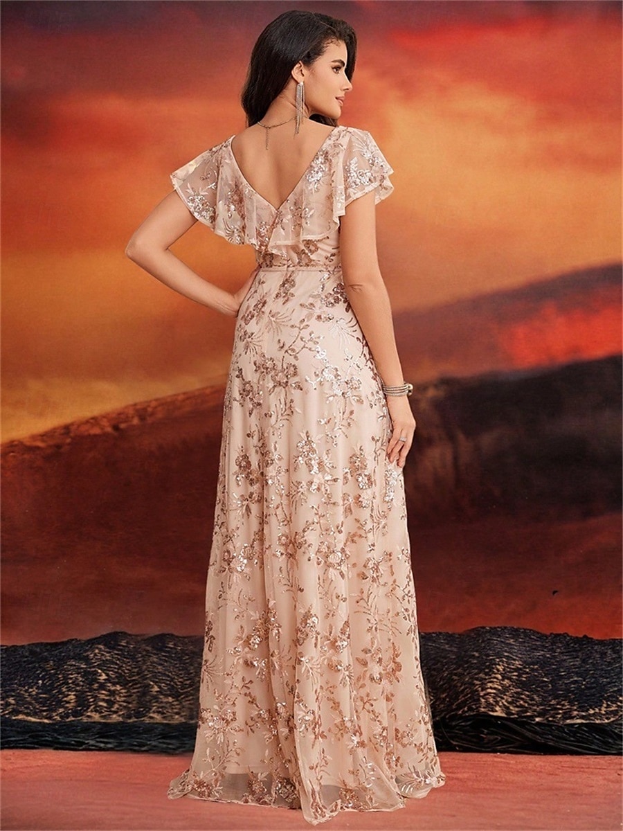 Robes de quinceanera en forme A Robe élégante Robe de mariage formelle longueur sol manches courtes col en V sequins dos en V avec sequins de 2025 ? $109.99 –P6